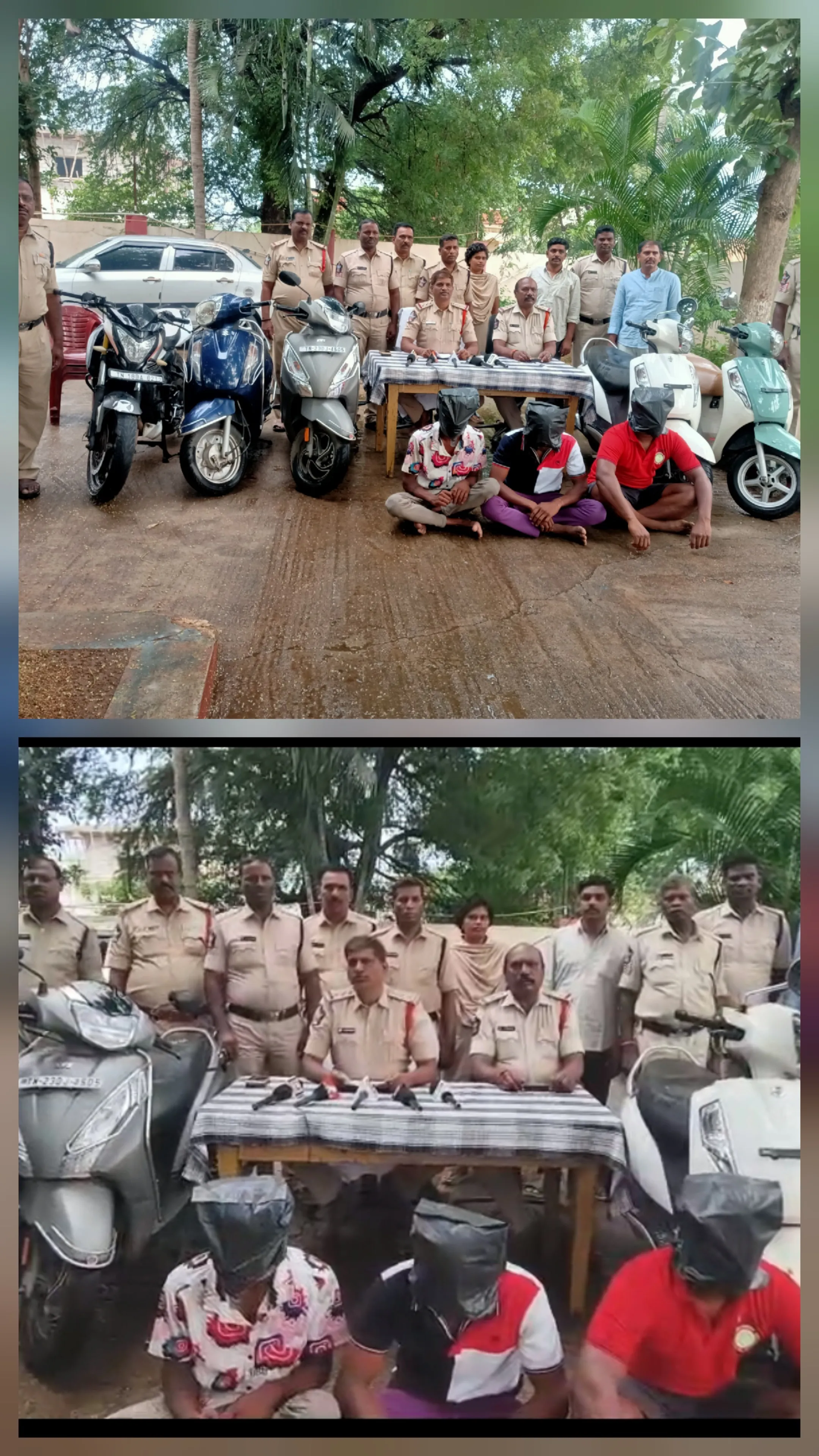 అంతర్రాష్ట్ర ద్విచక్ర వాహనాల దొంగల ముఠా ముగ్గురు ముద్దాయిలు అరెస్టు. సుమారు రూ.3.50 లక్షలు విలువ గల నాలుగు దొంగిలించబడిన ద్విచక్ర వాహనాలు స్వాధీనం చెడు అలవాట్ల కారణంగా దొంగతనలాకు పాల్పడుతున్న ముఠా.